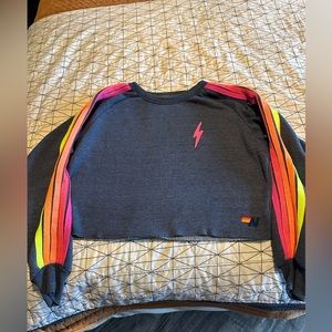 Aviator Nation cropped navy crewneck sweatshirt neon bolt . Large